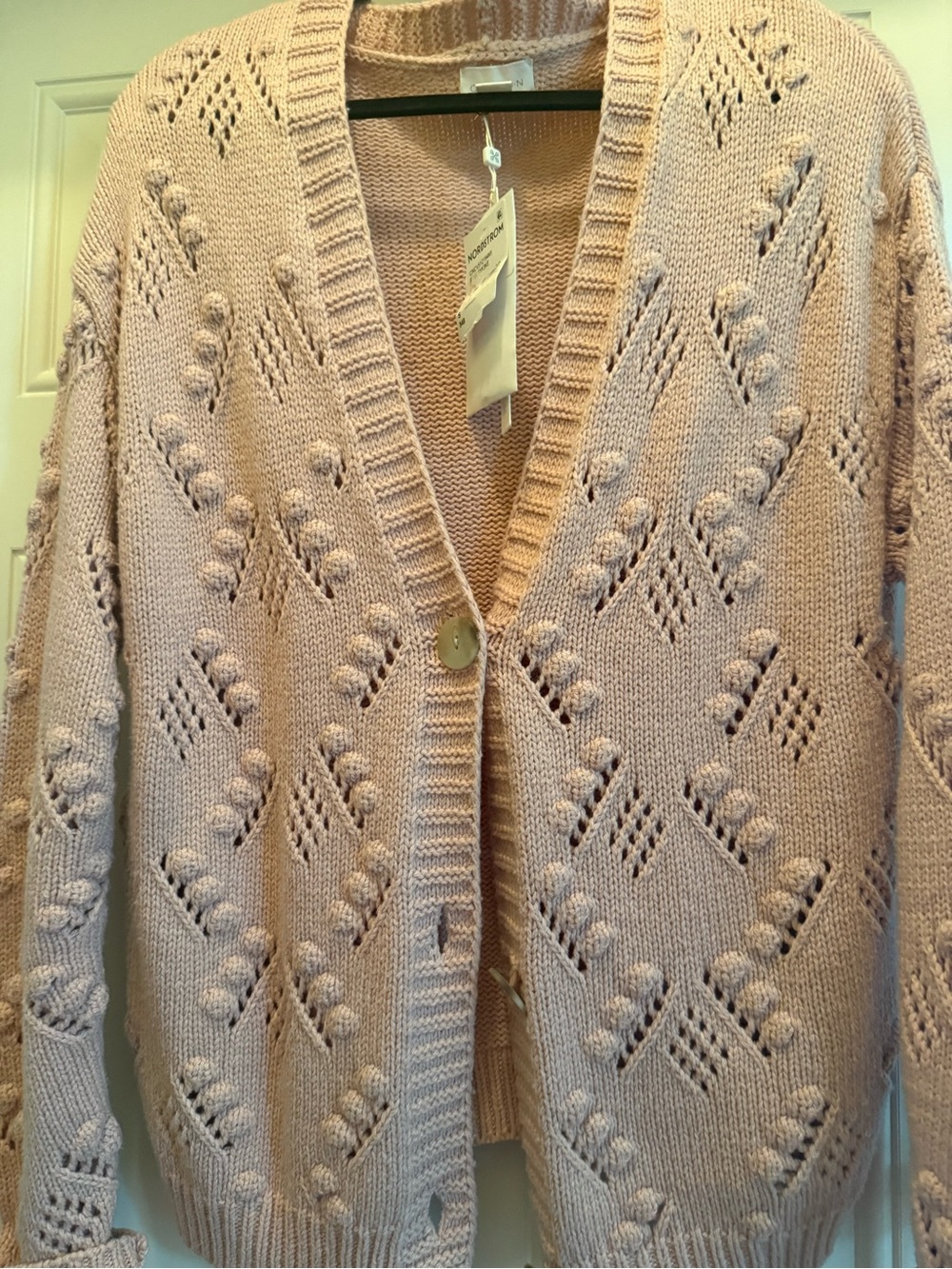 Caslon Pink Openwork Bobble-Knit Button Cardigan